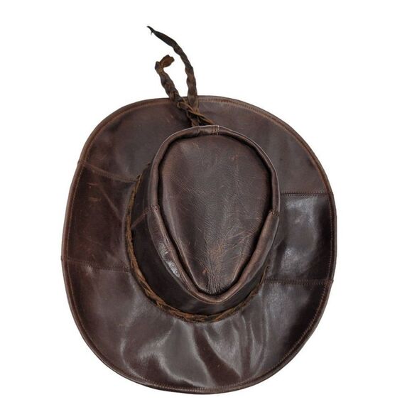 Vtg Hat Leather Cowboy Safari Distressed Braided Accent Unisex Dark Brown L 21" - Picture 7 of 10